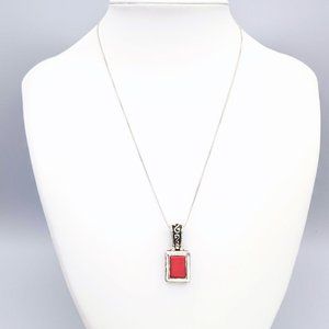 Vintage 925 Sterling Silver Red Coral Ornate Pendant Necklace
